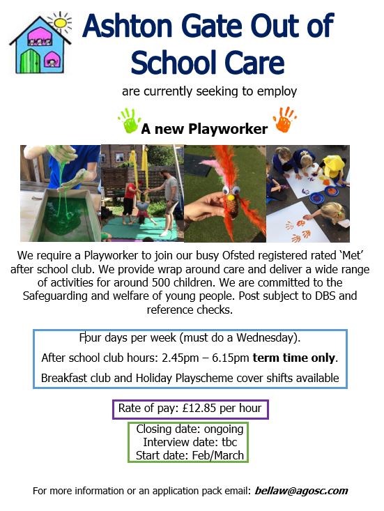 Job advert flyer for Ashton Gate Out of School Care recruiting a new Playworker. Includes photos of children’s activities (messy play, outdoor play, crafts and painting). Text says the role is at an Ofsted-registered “Met” after-school club providing wraparound care and activities, committed to safeguarding, with DBS and reference checks required. Hours: four days per week (must include Wednesday), after-school club 2:45pm to 6:15pm during term time only, with breakfast club and holiday playscheme cover shifts available. Pay: £12.85 per hour. Closing date ongoing; interview date TBC; start date Feb/March. Contact email: bellaw@agosc.com