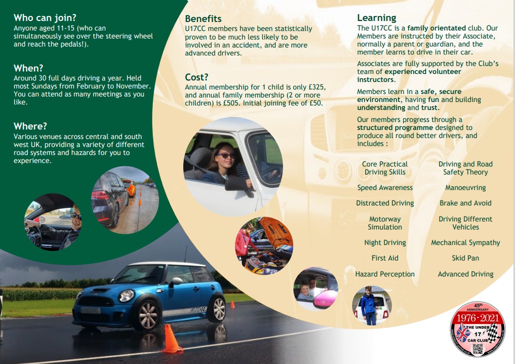 Information flyer for The Under 17 Car Club outlining who can join (ages 11 to 15), when sessions run (Sundays Feb to Nov), where (venues across central and south west UK), benefits, and costs (annual membership £325 for one child, family £505, plus £50 joining fee). Includes a list of skills covered (practical driving, manoeuvring, hazard perception, motorway simulation, first aid and more) with photos of young drivers and a 45th anniversary badge.