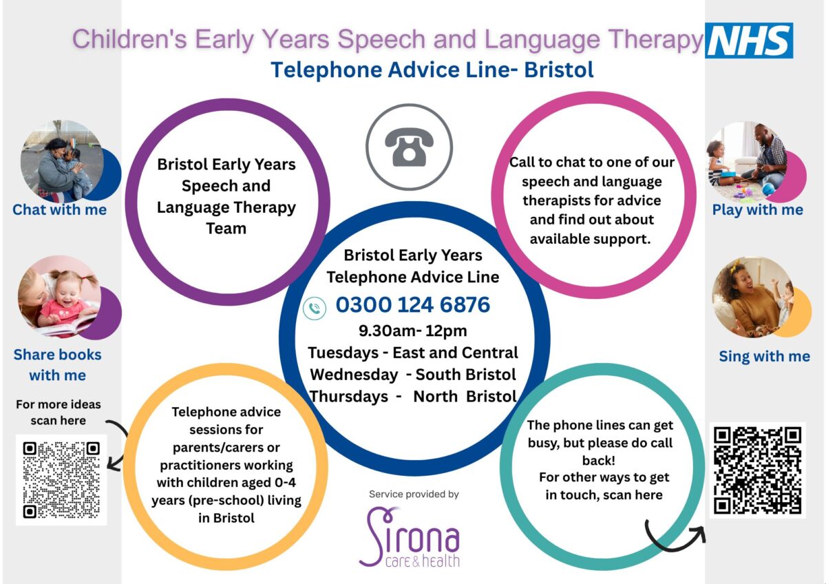 Flyer for Bristol Early Years Speech and Language Therapy advice line: 0300 124 6876, 9.30am–12pm Tues–Thurs for Bristol families with 0–4s.